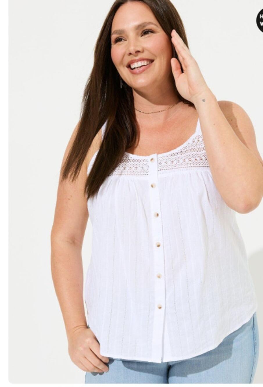 Torrid Button Up Embroidered Crochet Tank, Bright White, NWT, M/L